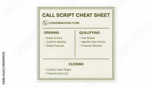 Call script cheat sheet infographic template. Sales conversation flow guide with opening, qualifying, and closing steps. Business vector illustration
