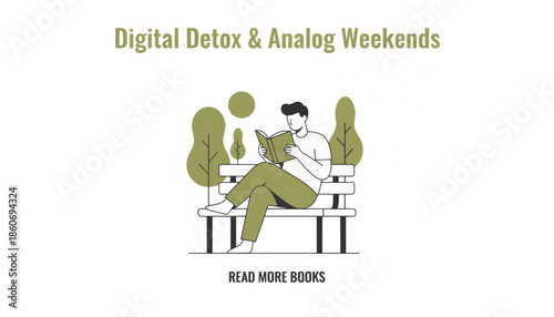 Digital Detox and Analog Weekends concept. Man reading a book on a park bench. Flat design vector illustration with typography