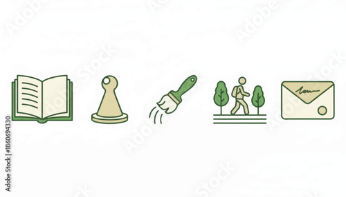 Digital detox and analog hobbies icon set. Hand drawn vector illustration of offline activities. Symbols for reading painting hiking and games