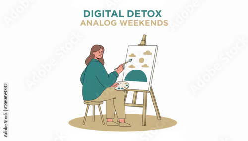 Digital detox and analog weekends concept. Woman painting on canvas with easel. Flat design vector illustration