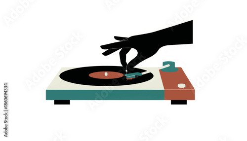 Stylized hand playing vinyl record on retro turntable. Flat design vector illustration of analog music player. Minimalist audio equipment concept