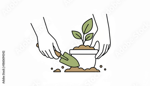 Hands planting seedling in pot with trowel. Gardening and horticulture vector illustration. Minimalist line art design