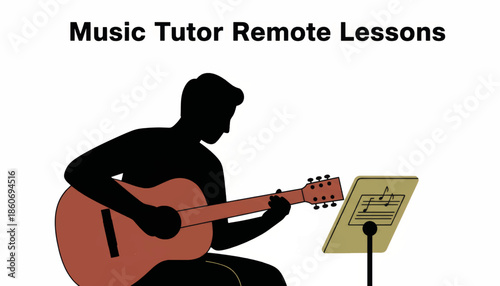 Music tutor remote lessons vector illustration. Silhouette of a man playing acoustic guitar with sheet music. Online music education and learning concept isolated on white background