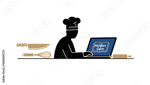 Chef silhouette working on laptop for online recipe development. Flat design vector illustration. Culinary research and food blogging concept isolated on white background