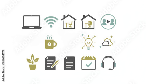 Remote work and home office icon set. Flat design minimalist vector illustration. Collection of symbols for telecommuting, business, and productivity