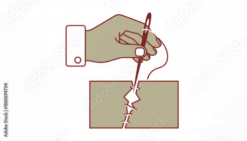 Conceptual illustration of a hand mending a broken object with a needle. Repair, healing, and connection symbol. Minimalist flat vector design isolated on white background
