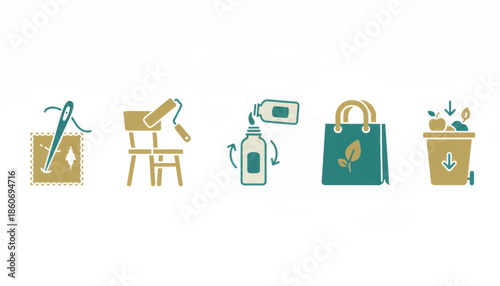 Zero waste and sustainable living icon set. Flat vector illustrations for upcycling, reusing, and repairing. Eco-friendly pictograms isolated on white background