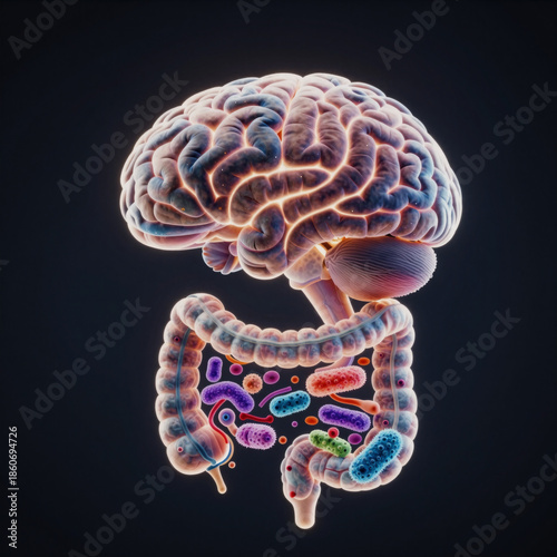 Image of a glowing brain and gut icon illustrating the microbiome-gut-brain axis