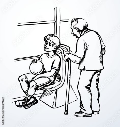 Vector drawing. Boy sitting in the bus