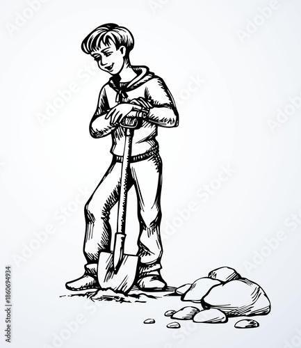 Vector drawing. A boy digging a soil