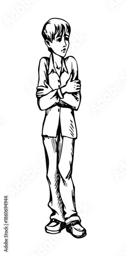 Vector drawing. The boy got wet and froze