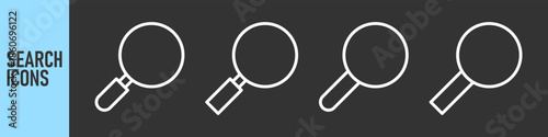 Search icons. Set of magnifying glass icons. Magnifier or loupe sign set. Search icon Concept for finding people to work. Color icon set. Night mode, dark mode
