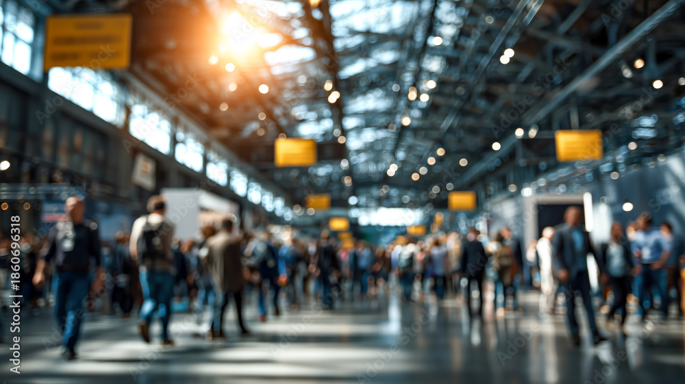 Obraz premium Blurred view of a bustling convention hall filled with crowds of people attending an event or trade show, creating a lively atmosphere.