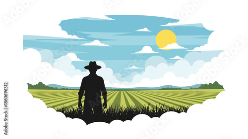 Modern vector illustration of farmer standing in green crop field with wide rural landscape, agriculture, farming, and food production concept