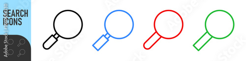 Search icons. Set of magnifying glass icons. Magnifier or loupe sign set. Search icon Concept for finding people to work. Color icon set. Night mode, dark mode