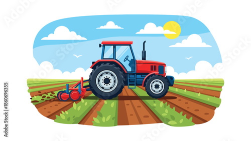 Modern vector illustration of tractor working in farmland, mechanized agriculture and agribusiness technology concept