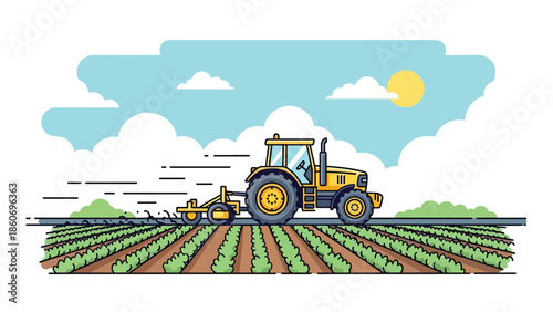 Modern vector illustration of tractor working in farmland, mechanized agriculture and agribusiness technology concept