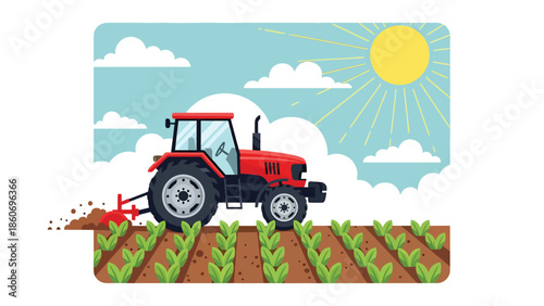 Modern vector illustration of tractor working in farmland, mechanized agriculture and agribusiness technology concept