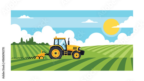 Modern vector illustration of tractor working in farmland, mechanized agriculture and agribusiness technology concept