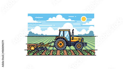 Modern vector illustration of tractor working in farmland, mechanized agriculture and agribusiness technology concept
