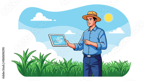 Modern vector illustration of farmer using tablet to inspect crops, smart agriculture and digital farming technology concept