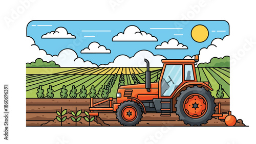 Modern vector illustration of tractor working in farmland, mechanized agriculture and agribusiness technology concept
