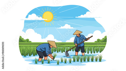 Modern vector illustration of rice plantation with farmers working in paddies, traditional agriculture and staple food production concept