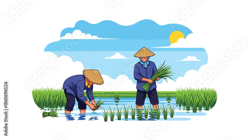 Modern vector illustration of rice plantation with farmers working in paddies, traditional agriculture and staple food production concept