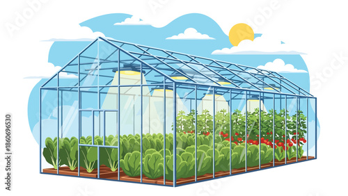 Modern vector illustration of greenhouse farming with plants in rows, sustainable agriculture and controlled environment farming concept