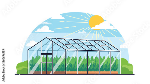 Modern vector illustration of greenhouse farming with plants in rows, sustainable agriculture and controlled environment farming concept