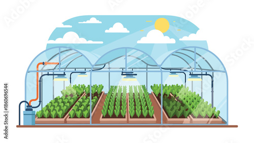 Modern vector illustration of greenhouse farming with plants in rows, sustainable agriculture and controlled environment farming concept