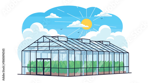 Modern vector illustration of greenhouse farming with plants in rows, sustainable agriculture and controlled environment farming concept