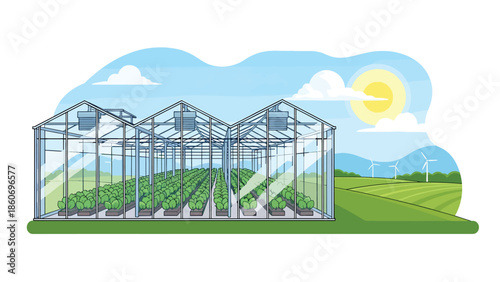 Modern vector illustration of greenhouse farming with plants in rows, sustainable agriculture and controlled environment farming concept
