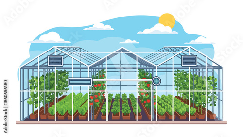 Modern vector illustration of greenhouse farming with plants in rows, sustainable agriculture and controlled environment farming concept