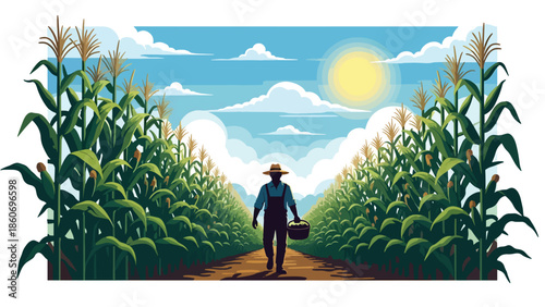 Modern vector illustration of corn plantation with tall crops and farmer walking between rows, rural farming and agriculture concept