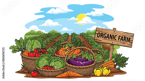 Modern vector illustration of organic vegetable farm with fresh produce baskets, healthy food and sustainable agriculture concept