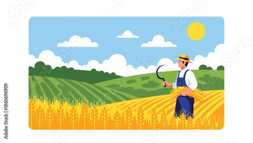 Modern vector illustration of wheat field ready for harvest with farmer, traditional grain farming and agriculture concept