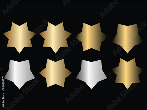 Shiny sevenpointed stars in gold and silver colors isolated