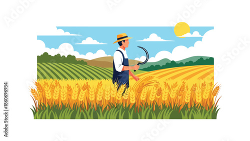 Modern vector illustration of wheat field ready for harvest with farmer, traditional grain farming and agriculture concept