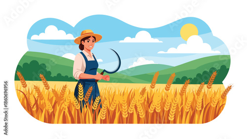 Modern vector illustration of wheat field ready for harvest with farmer, traditional grain farming and agriculture concept