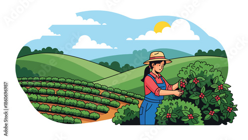 Modern vector illustration of coffee plantation on hillside with farmers harvesting beans, specialty crop and export agriculture concept