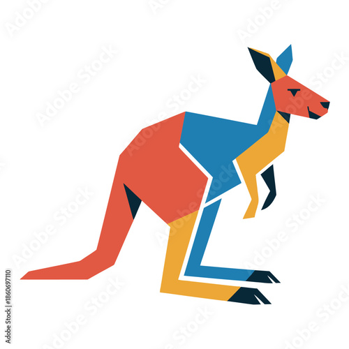 A stylized kangaroo is depicted in a colorful geometric illustration on a white background.