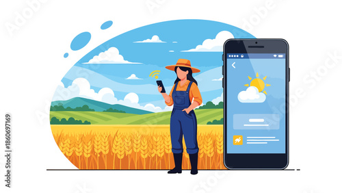 Modern vector illustration of farmer checking weather data on smartphone in field, climate smart agriculture and adaptive farming concept