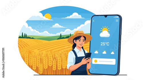 Modern vector illustration of farmer checking weather data on smartphone in field, climate smart agriculture and adaptive farming concept