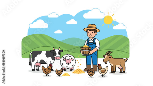 Modern vector illustration of farmer feeding livestock, animal husbandry and farm management concept