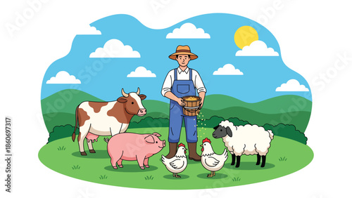 Modern vector illustration of farmer feeding livestock, animal husbandry and farm management concept