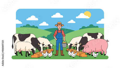 Modern vector illustration of farmer feeding livestock, animal husbandry and farm management concept