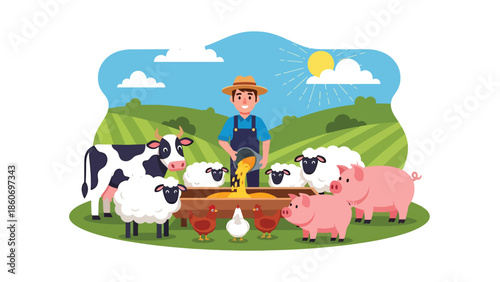 Modern vector illustration of farmer feeding livestock, animal husbandry and farm management concept