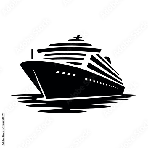 A large cruise ship sails on the water at sunset.