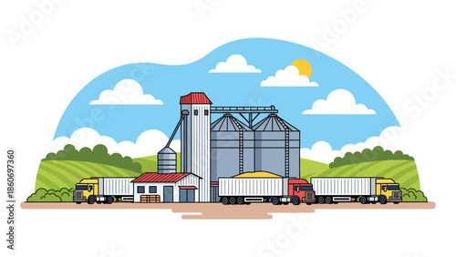 Modern vector illustration of farm storage silos with trucks, agricultural logistics and food supply chain concept